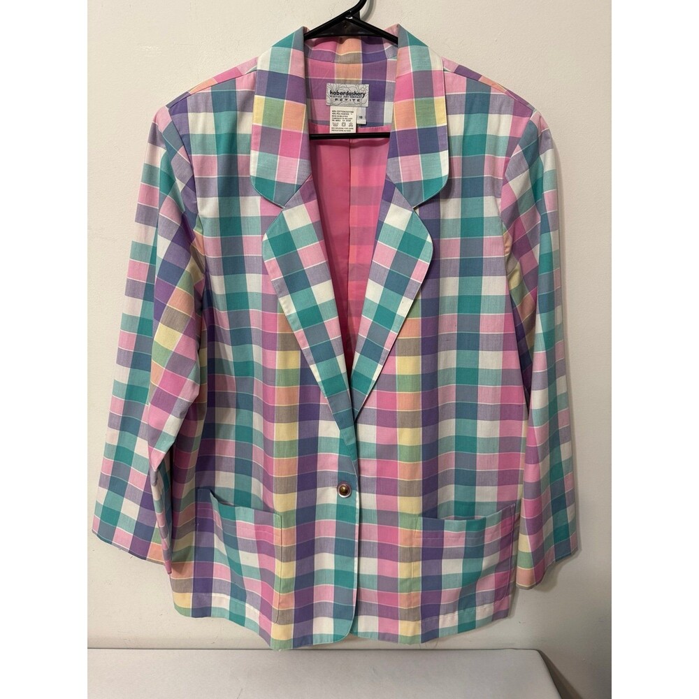 Vtg HABERDASHERY LESLIE FAY 1980's-90 PETITE PASTEL PLAID BLAZER 18petite